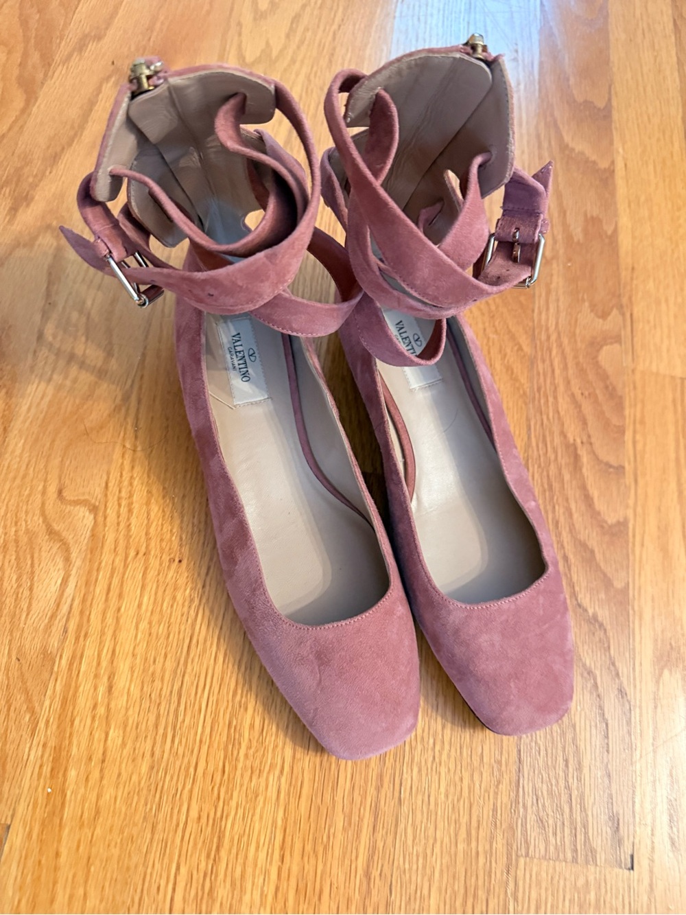 Valentino Pink Suede Ankle-Tie Pumps